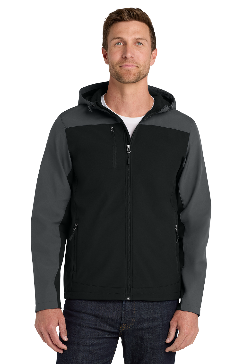 J335_BLACK_BATTLESHIP GREY_MODEL_FRONT Men’s Hooded Soft Shell Jacket