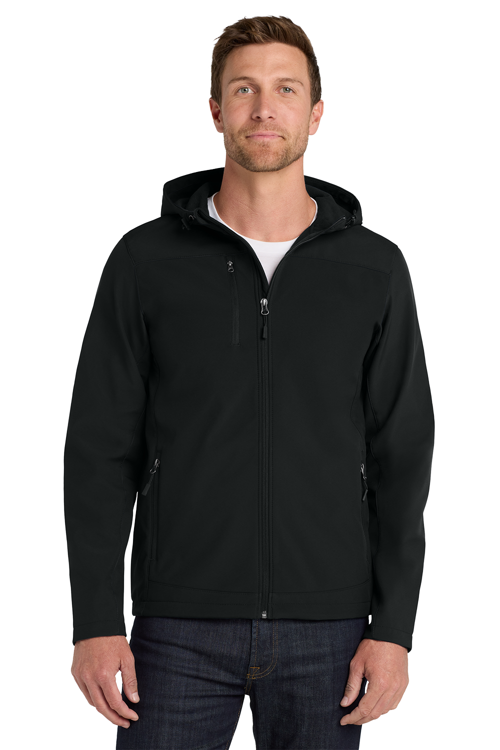 J335_BLACK_MODEL_FRONT Men’s Hooded Soft Shell Jacket