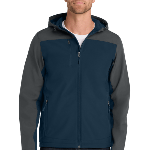 J335_DRESS BLUE NAVY_BATTLESHIP GREY_MODEL_FRONT Men’s Hooded Soft Shell Jacket
