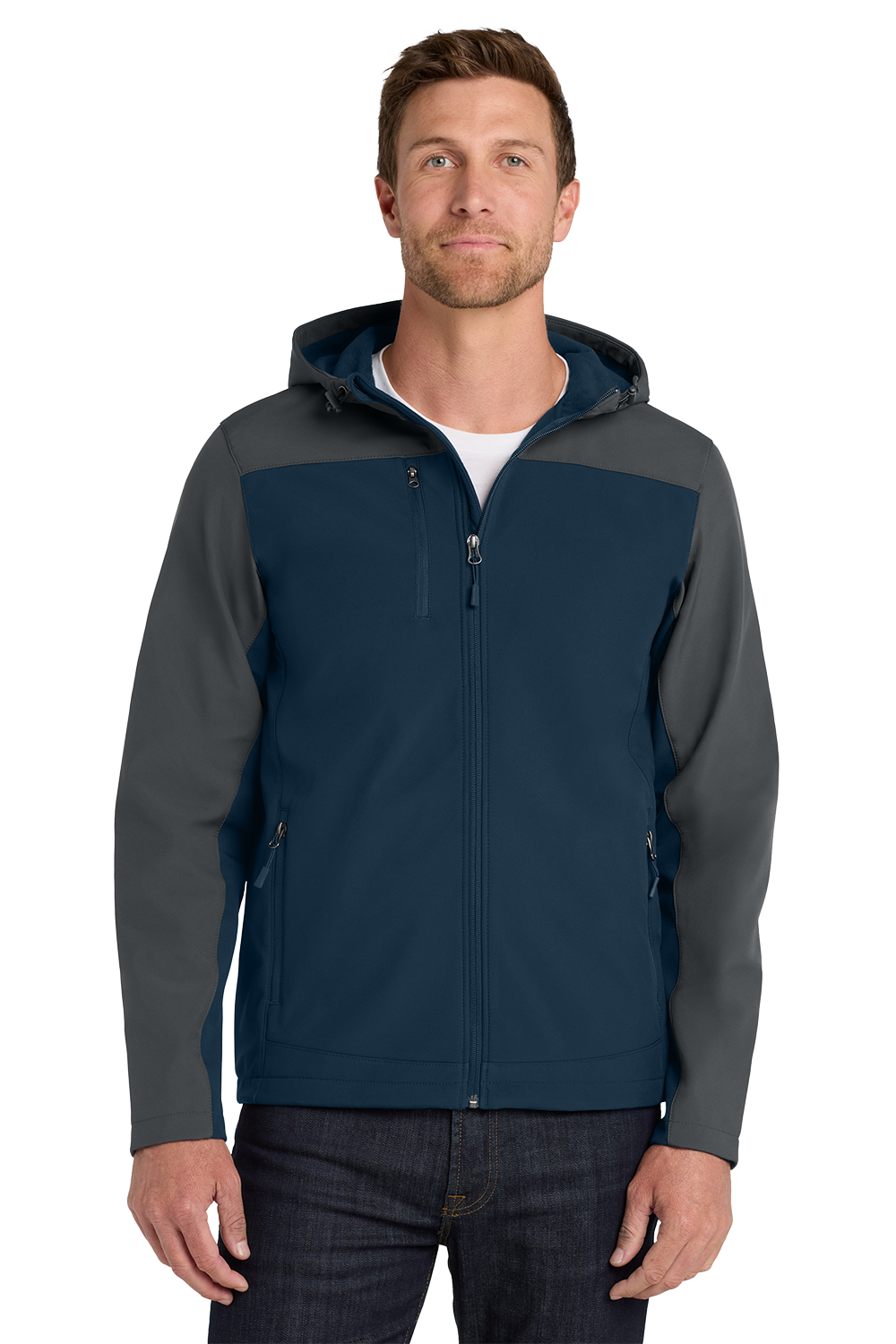 J335_DRESS BLUE NAVY_BATTLESHIP GREY_MODEL_FRONT Men’s Hooded Soft Shell Jacket