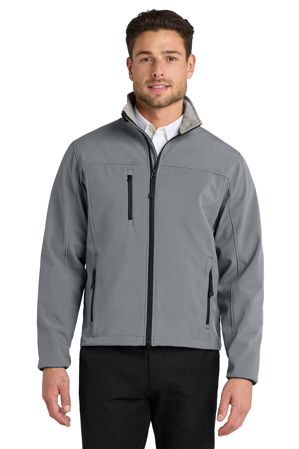 J790_SMOKE GREY_CHROME_MODEL_FRONT Men’s Stretch Soft Shell Jacket