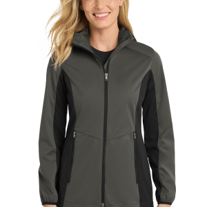 L719_GREY STEEL_DEEP BLACK_MODEL_FRONT Women’s Hooded Soft Shell Jacket