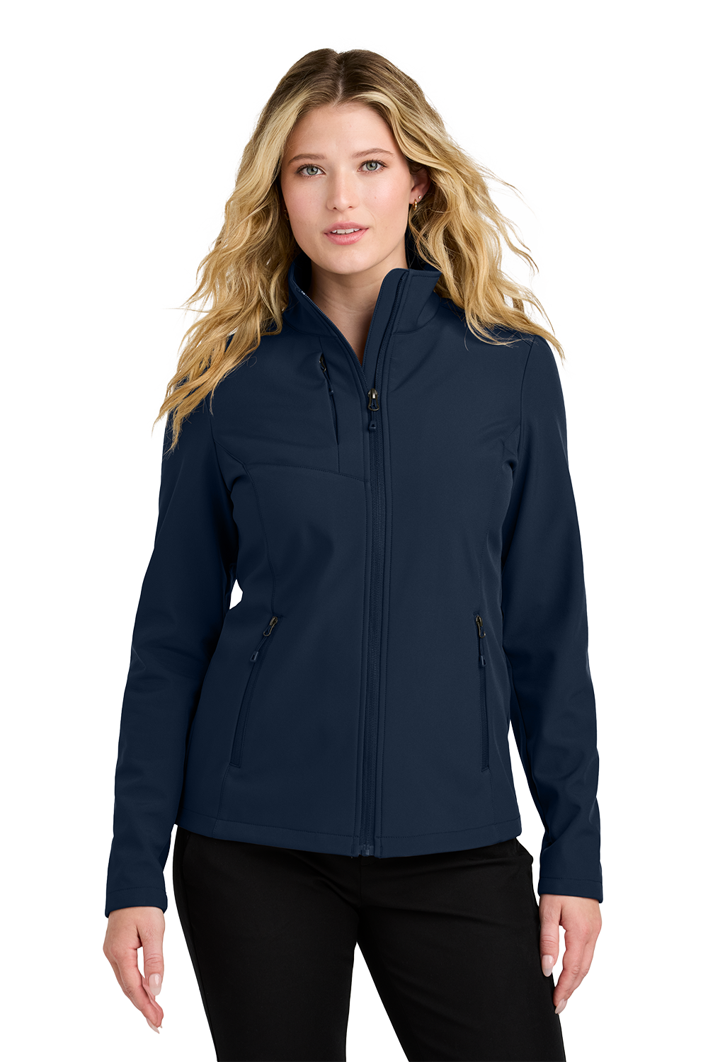 L720_True Navy_Model_Front Women’s Core Soft Shell Jacket