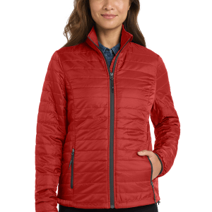 L850_FIRE RED_GRAPHITE_MODEL_FRONT Women’s Packable Puffy Jacket