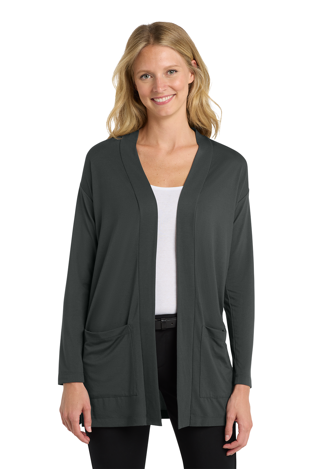 LK5434_GREY SMOKE_MODEL_FRONT Women’s Long Pocket Cardigan
