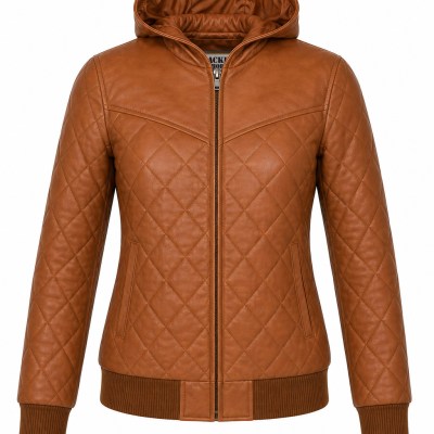 Women’s diamond-style stitching puffer Leather Jacket with a hood